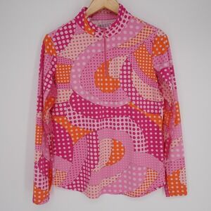 IBKUL Golf Shirt Womens L Pink Mock Neck Long Sleeve 1/4 Zip Athletic Polka Dot